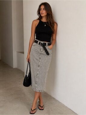 Bershka  High-Rise Grey Denim Midi Skirt - Versatile Everyday Style